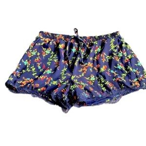 EM Brand Floral Lined Lace Hem Shorts Drawstring Waist Blue/Multi, Size Medium
